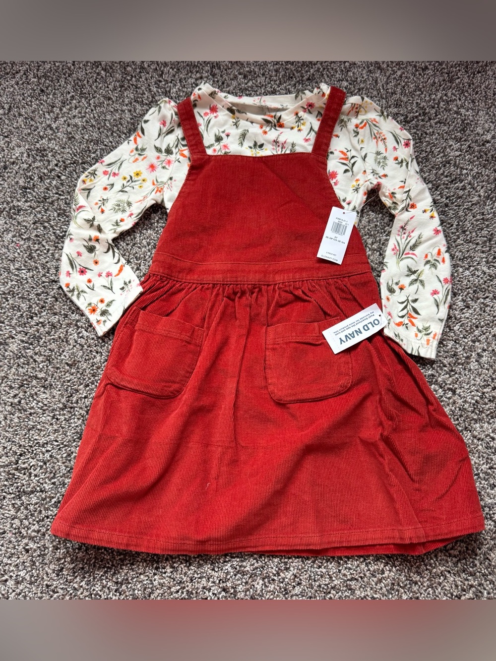NEW Old Navy Red Corduroy Pinafore Dress with Cream Floral Top